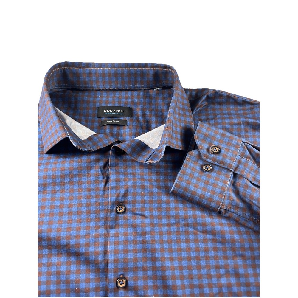 Bugatchi OoohCotton Tech 8 Way Stretch Button Shirt Men's XL Chocolate Plaid